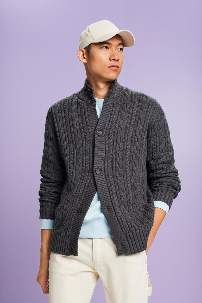 Organic Cotton Cable Knit Cardigan, ANTHRACITE, detail image number 0
