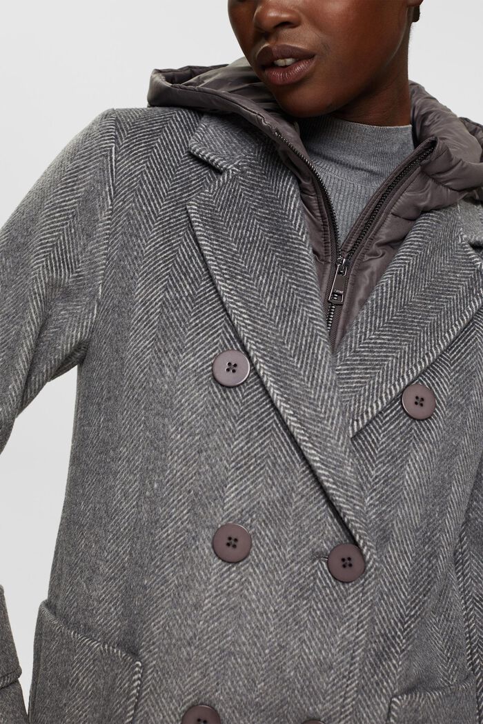 Wool blend coat with detachable hood, GUNMETAL, detail image number 0