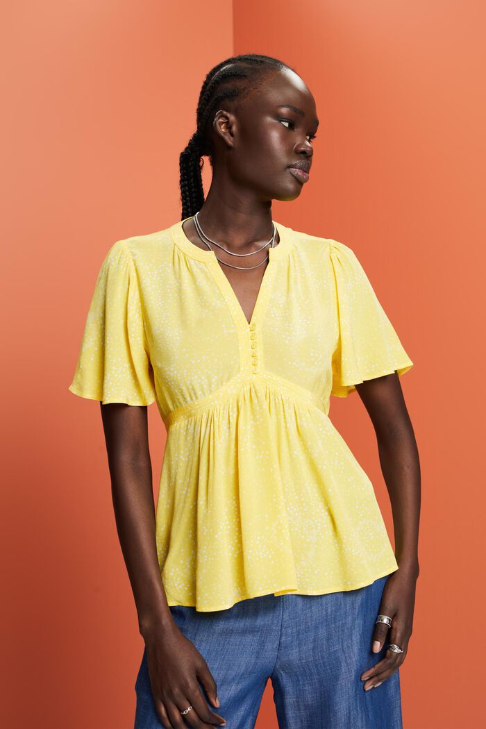 Printed Gathered Tie Back Blouse, LIGHT YELLOW, detail image number 0