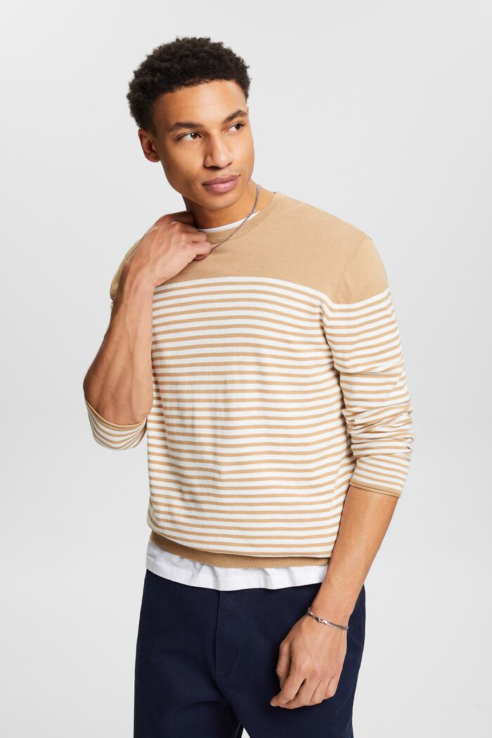 Striped Cotton Sweater, BEIGE, detail image number 0