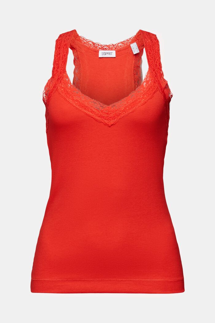Lace Rib-Knit Jersey Top, RED, detail image number 6