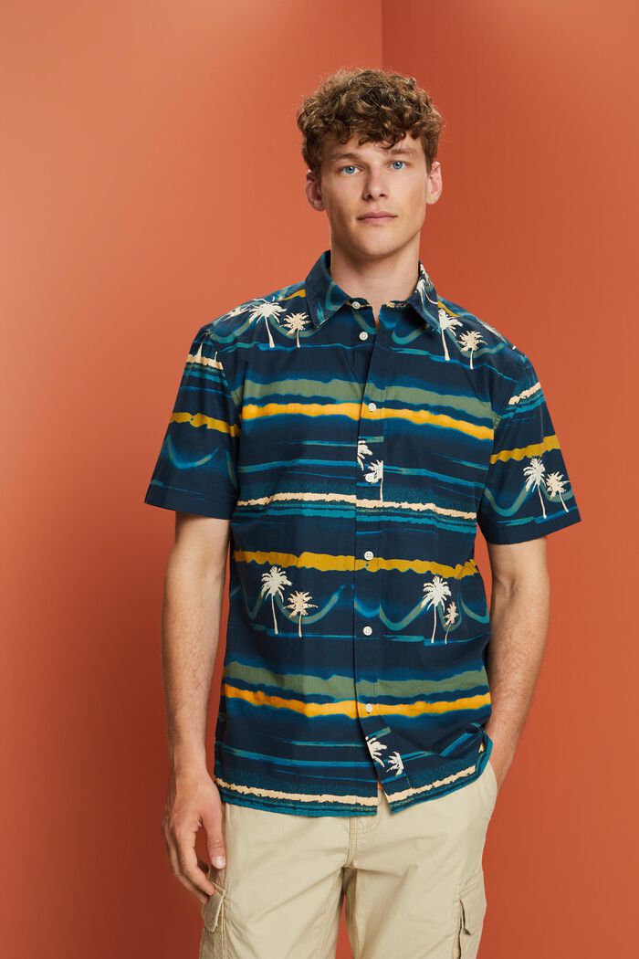 Patterned short sleeve shirt, 100% cotton, NAVY, detail image number 0