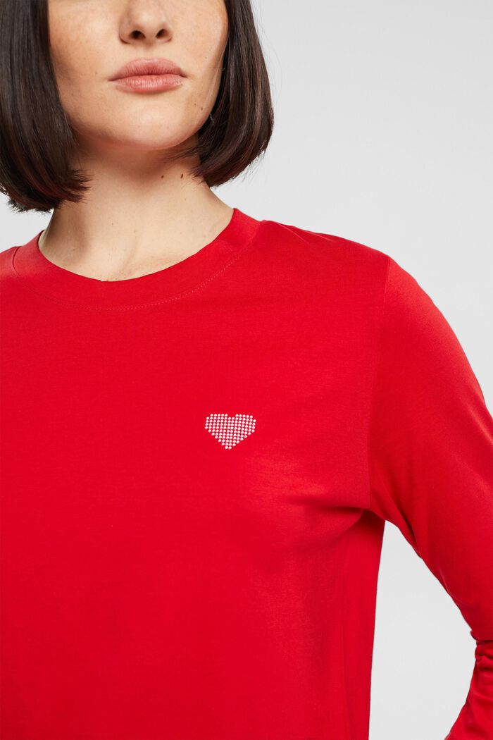 Long-sleeved top with heart print, 100% cotton, DARK RED, detail image number 0