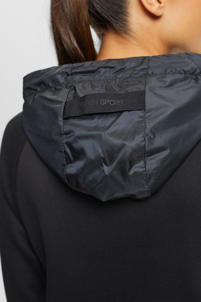 Mixed material zip-up hoodie, BLACK, detail image number 4
