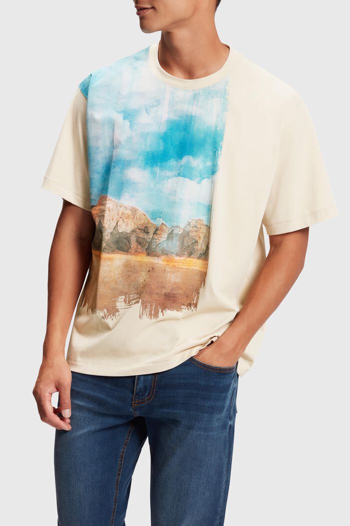 Front panel landscape digital print t-shirt, BEIGE, detail image number 0