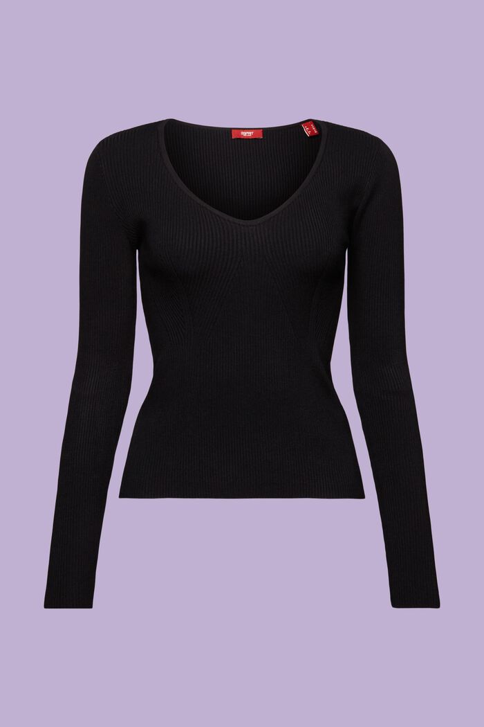 Rib-Knit V-Neck Sweater, BLACK, detail image number 7