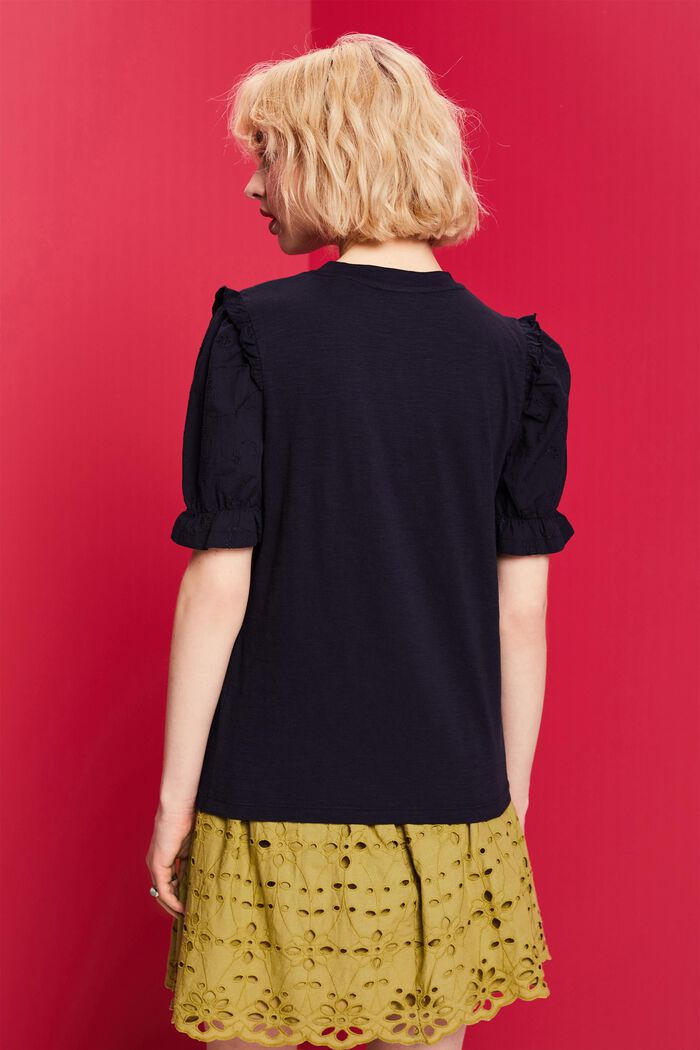 Eyelet Embroidered Puff Sleeve T-Shirt, NAVY, detail image number 3