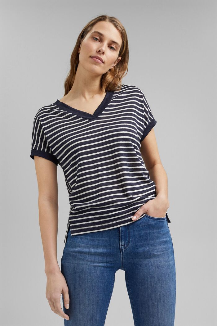 Made of 100% linen: T-shirt with stripes, NAVY, overview