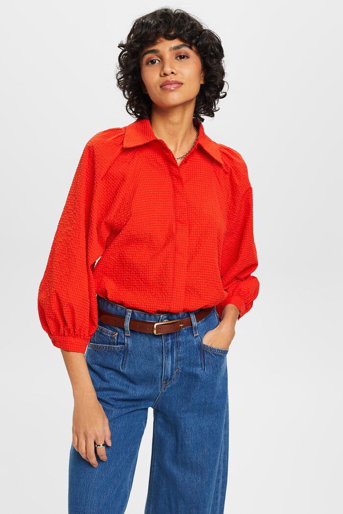 Seersucker blouse with puffy sleeves, ORANGE RED, detail image number 0