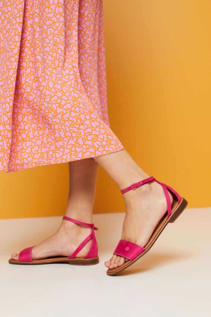Vegan Suede Ankle Strap Sandals, PINK FUCHSIA, detail image number 1