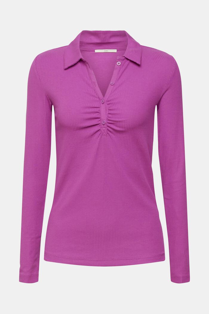 Ribbed long sleeve top with polo collar, VIOLET, detail image number 2