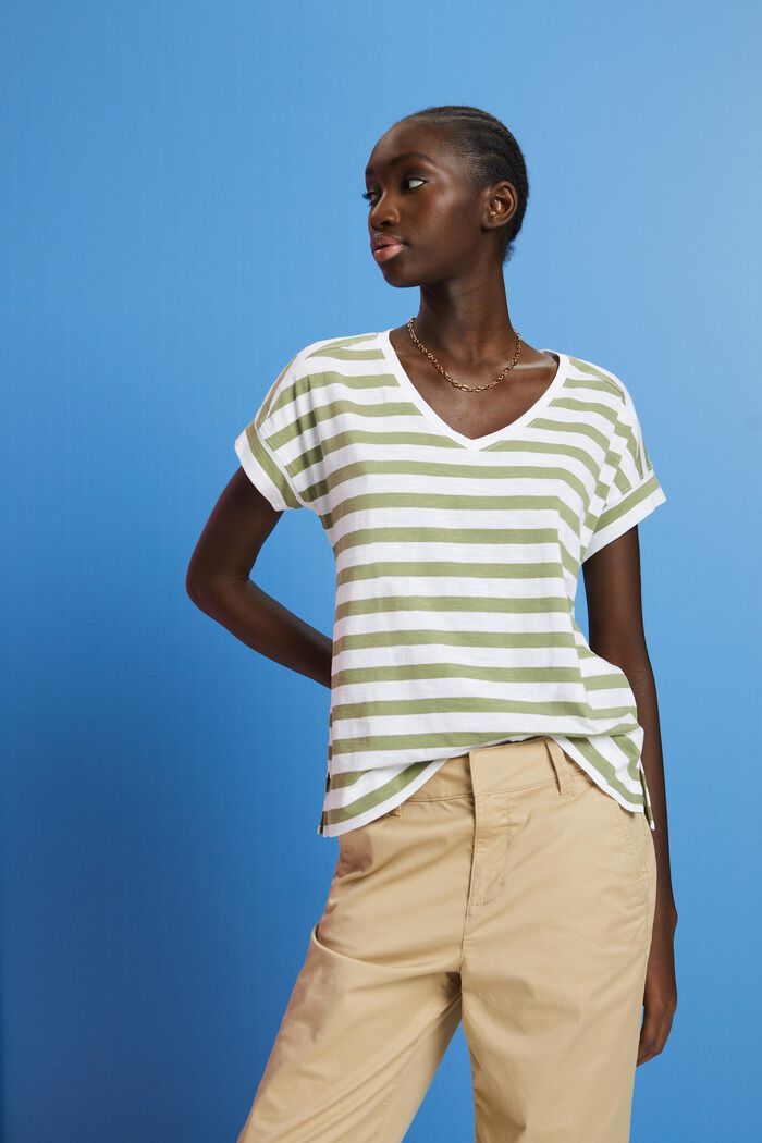 Striped v-neck cotton t-shirt, LIGHT KHAKI, detail image number 0