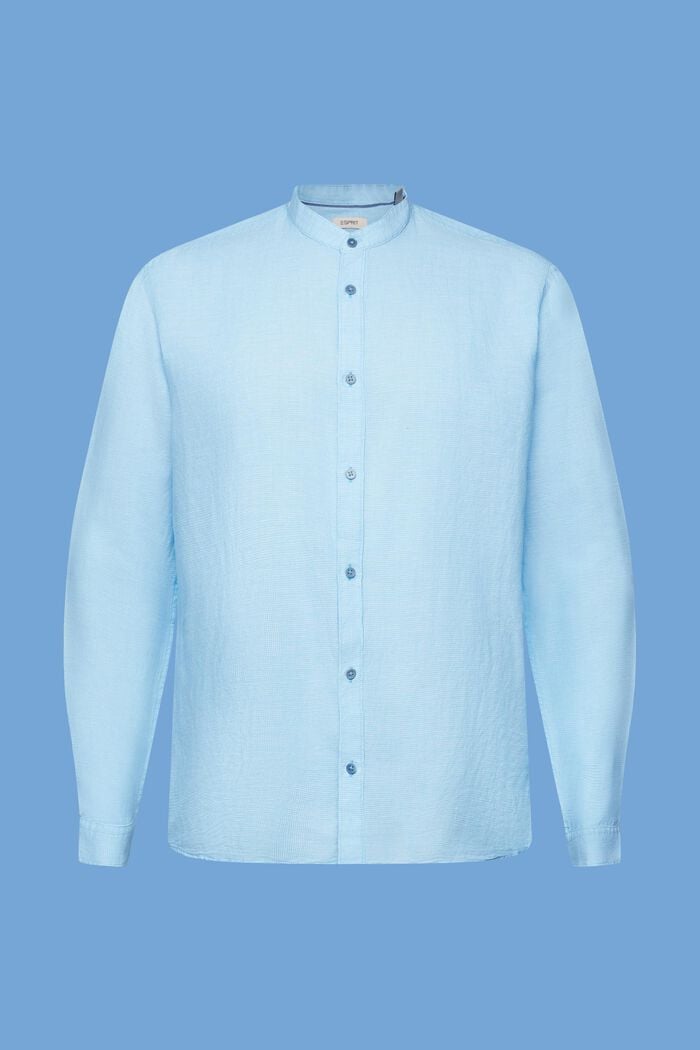 Blended linen dogstooth shirt with banded collar, TURQUOISE, detail image number 6