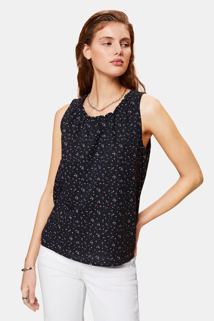 Sleeveless linen blend blouse with floral print, BLACK, detail image number 0