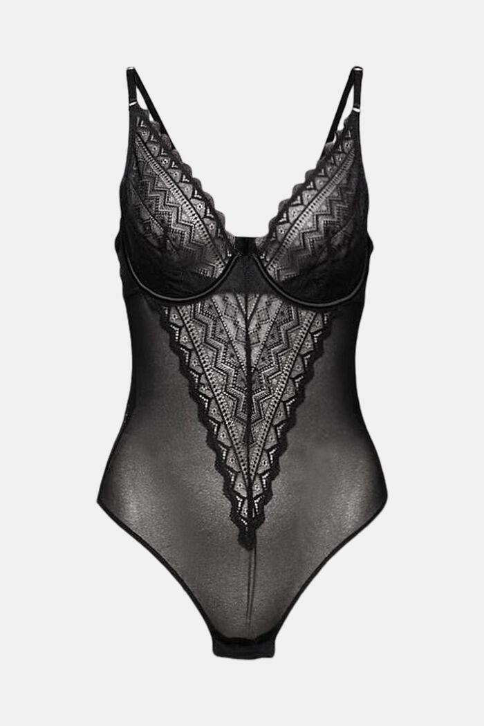 Made of recycled material: bodysuit made of mesh fabric and lace, BLACK, overview