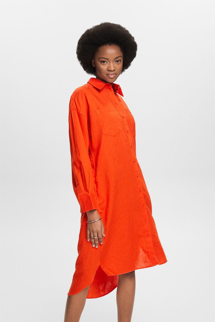 Linen-Cotton Belted Shirt Dress, BRIGHT ORANGE, detail image number 5