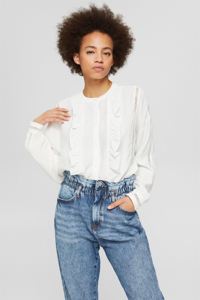 Blouse with frills, LENZING™ ECOVERO™, OFF WHITE, detail image number 0