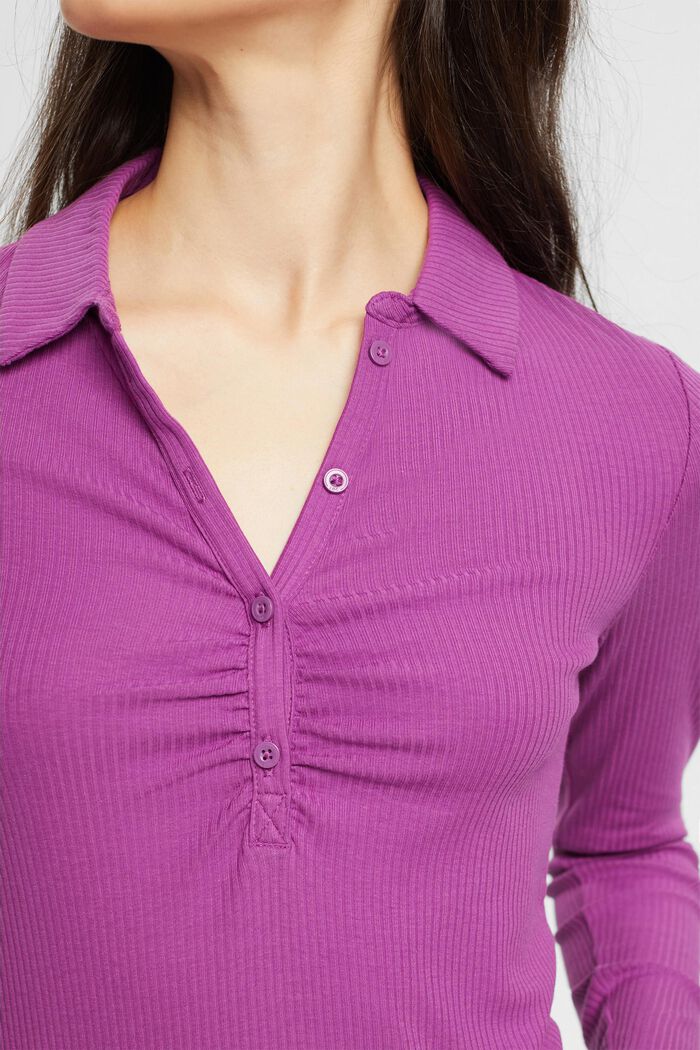 Ribbed long sleeve top with polo collar, VIOLET, detail image number 0