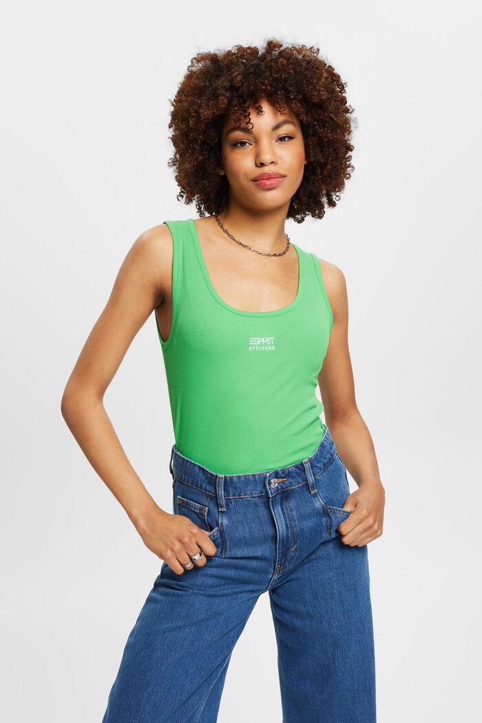 Ribbed tank top with embroidered logo, GREEN, detail image number 0