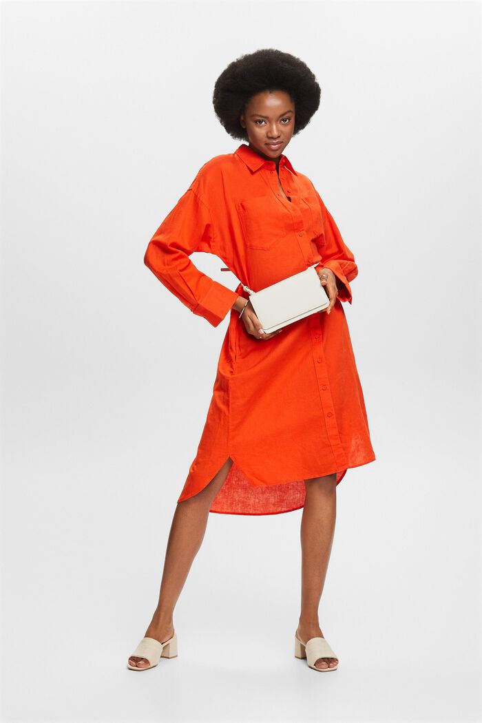 Linen-Cotton Belted Shirt Dress, BRIGHT ORANGE, detail image number 1