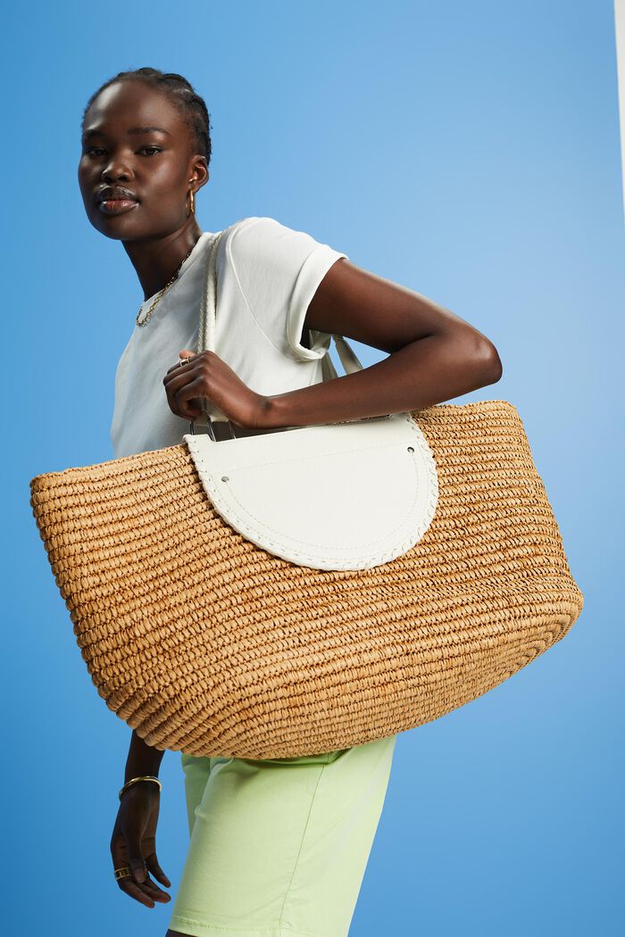 Raffia shopper with faux leather details, OFF WHITE, detail image number 4