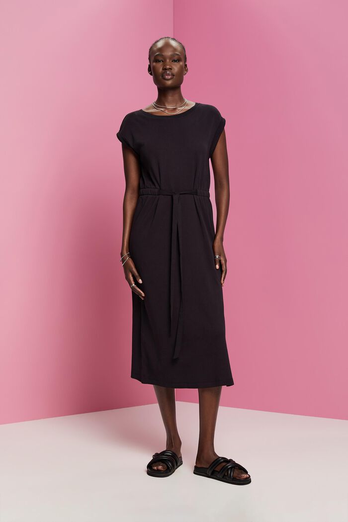 Jersey midi dress with a tie belt, BLACK, detail image number 0