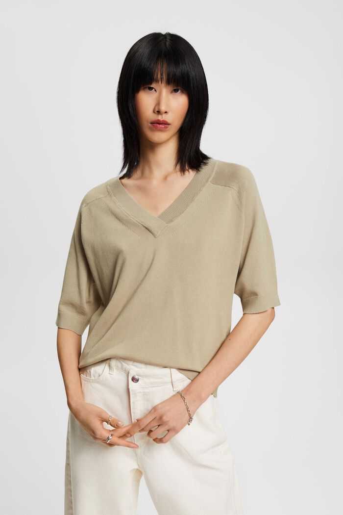 Short sleeve knit sweater, DUSTY GREEN, detail image number 0