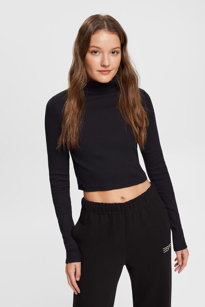 Cropped, roll neck long-sleeved top, BLACK, overview