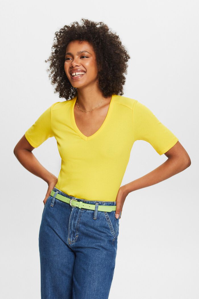 Ribbed V-Neck T-Shirt, YELLOW, detail image number 0