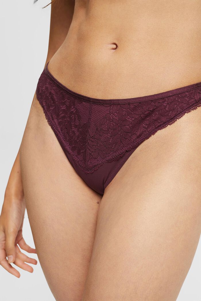 Mesh thong with floral lace, BORDEAUX RED, detail image number 0