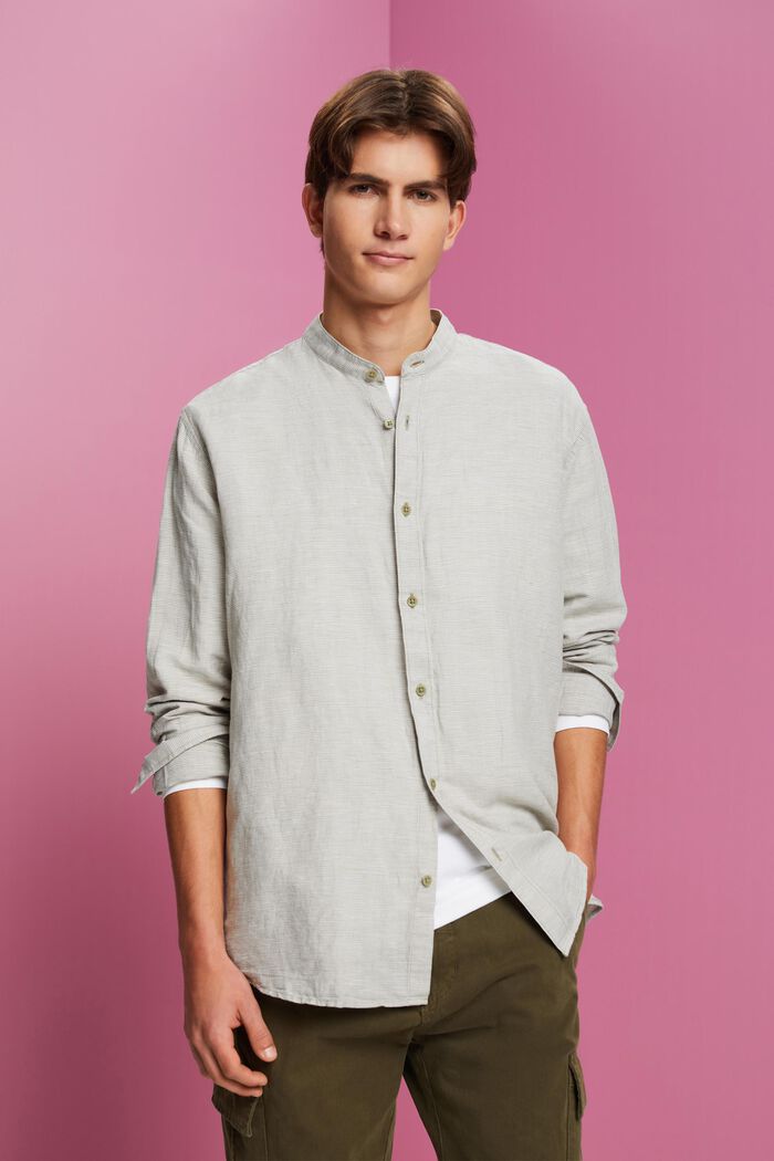Blended linen dogstooth shirt with banded collar, LIGHT KHAKI, detail image number 0