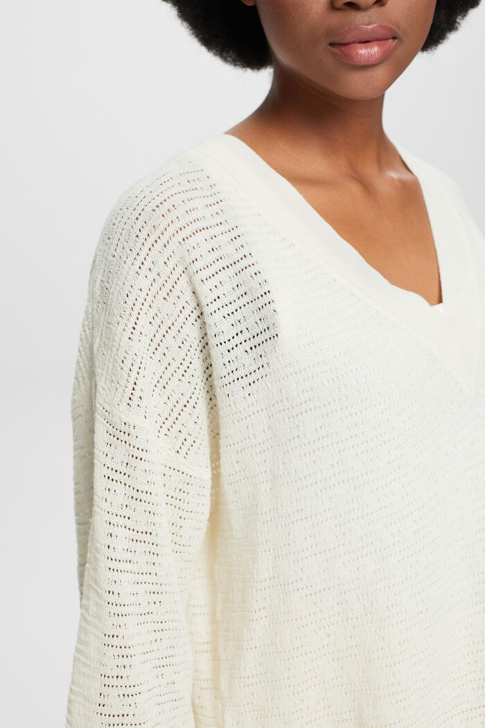 Pointelle V-Neck Sweater, OFF WHITE, detail image number 3