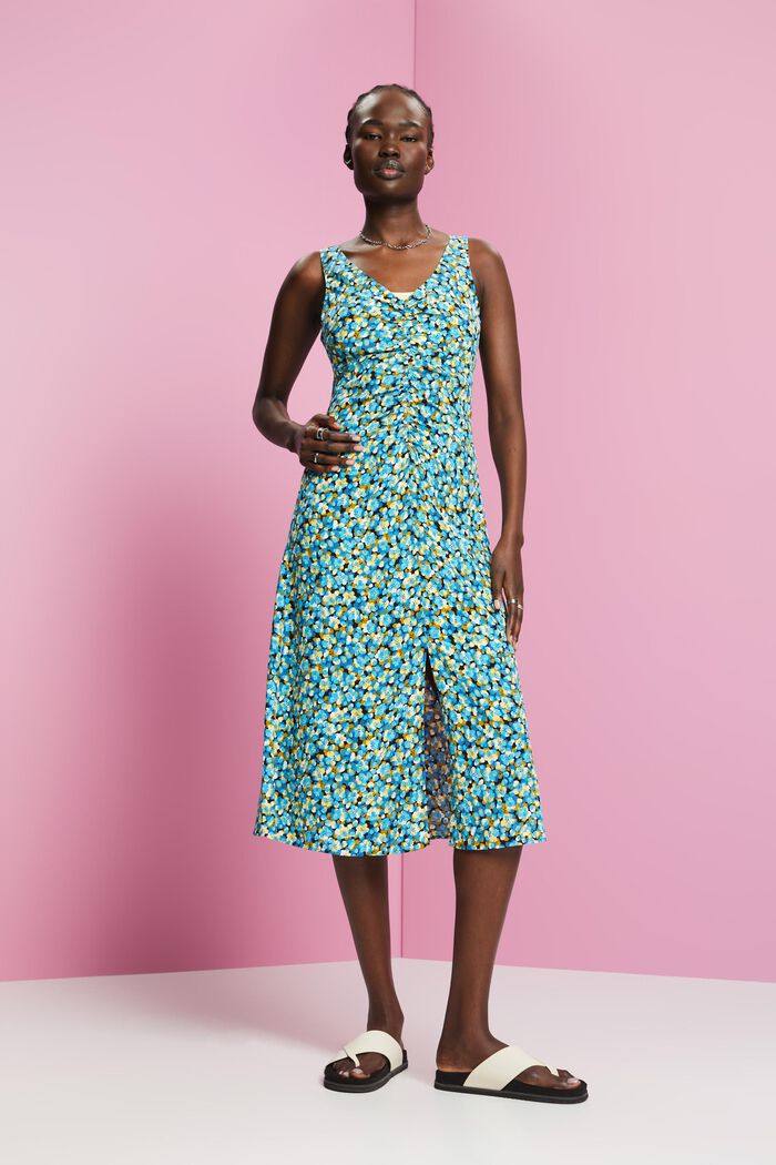 Sleeveless midi dress with all-over print, TURQUOISE, detail image number 4