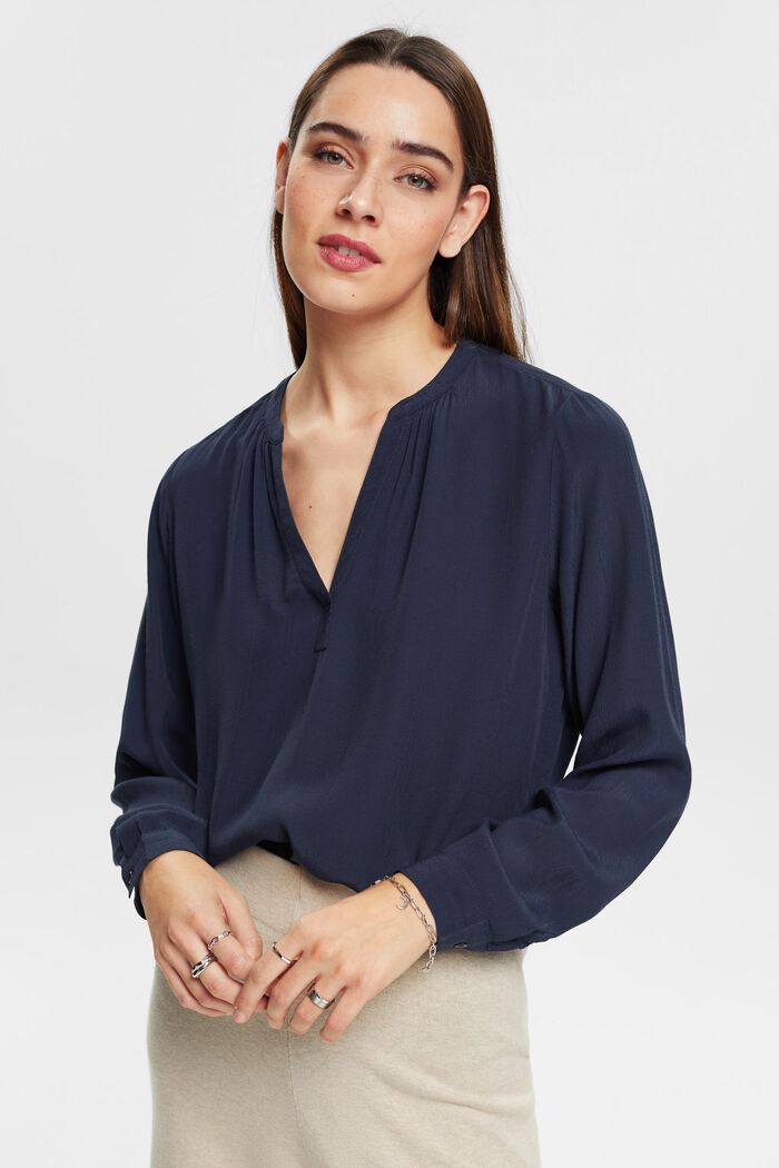 V-neck blouse of LENZING™ and ECOVERO™ viscose, NAVY, detail image number 0
