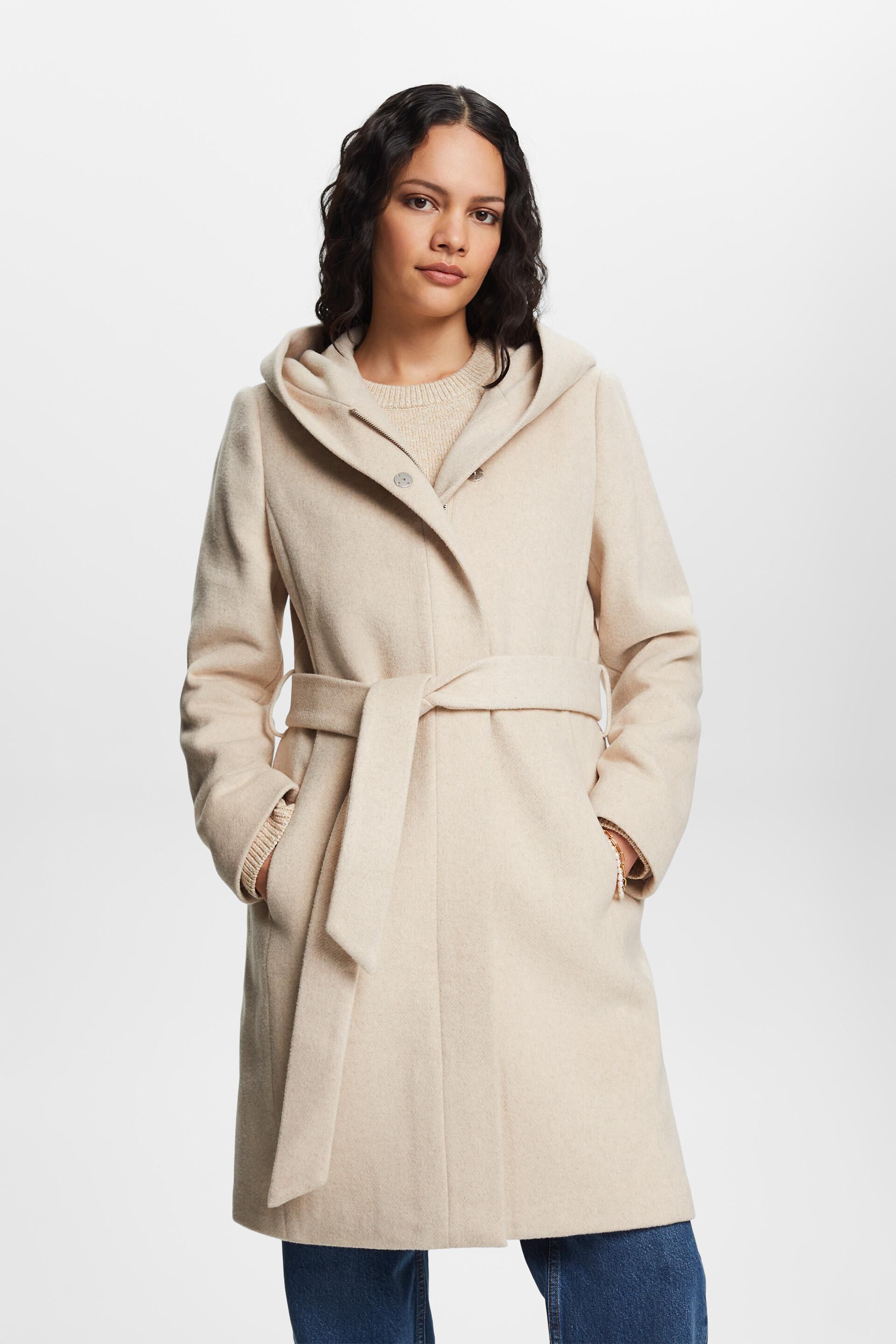 ESPRIT - Recycelt: hooded wool blend coat with belt at our online shop