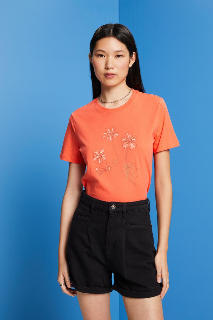 Cotton T-shirt with flower print, CORAL ORANGE, detail image number 0