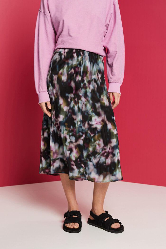 Pleated Printed Chiffon Midi Skirt, BLACK, detail image number 0