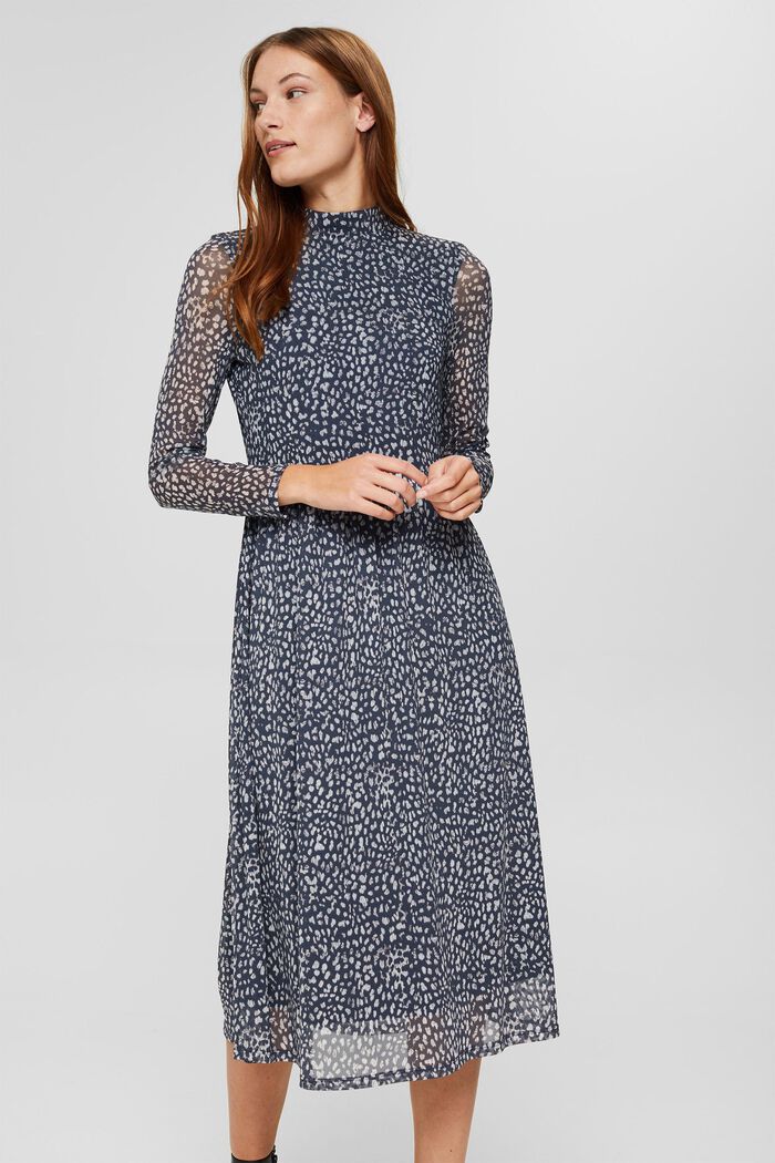 Printed midi-length mesh dress, DARK BLUE, detail image number 0