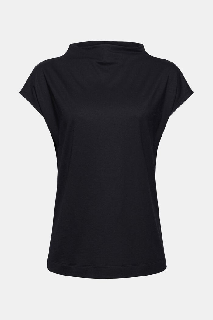 With TENCEL™: T-shirt with band collar, BLACK, detail image number 0