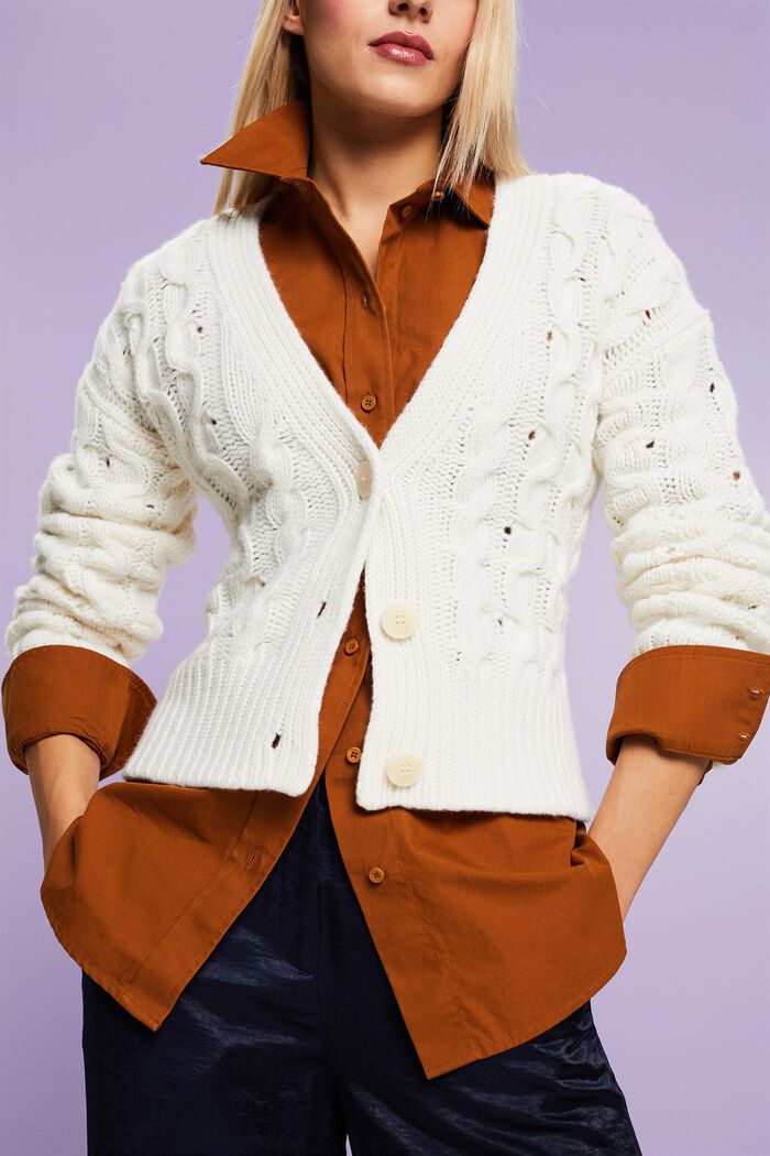 ESPRIT - Cable knit cardigan, wool-cashmere blend at our online shop