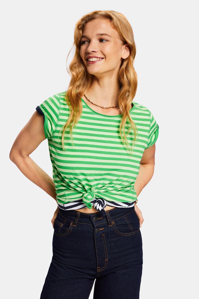 Striped roll edge t-shirt, GREEN, detail image number 0