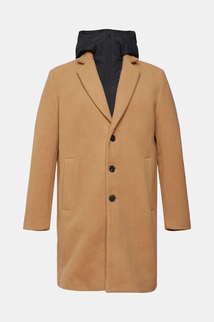 Wool blend coat with detachable hood, CAMEL, overview