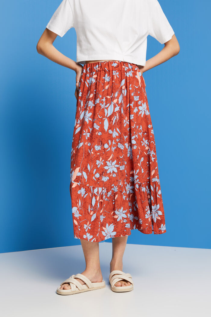Midi skirt with flounced hem, CORAL ORANGE, detail image number 0