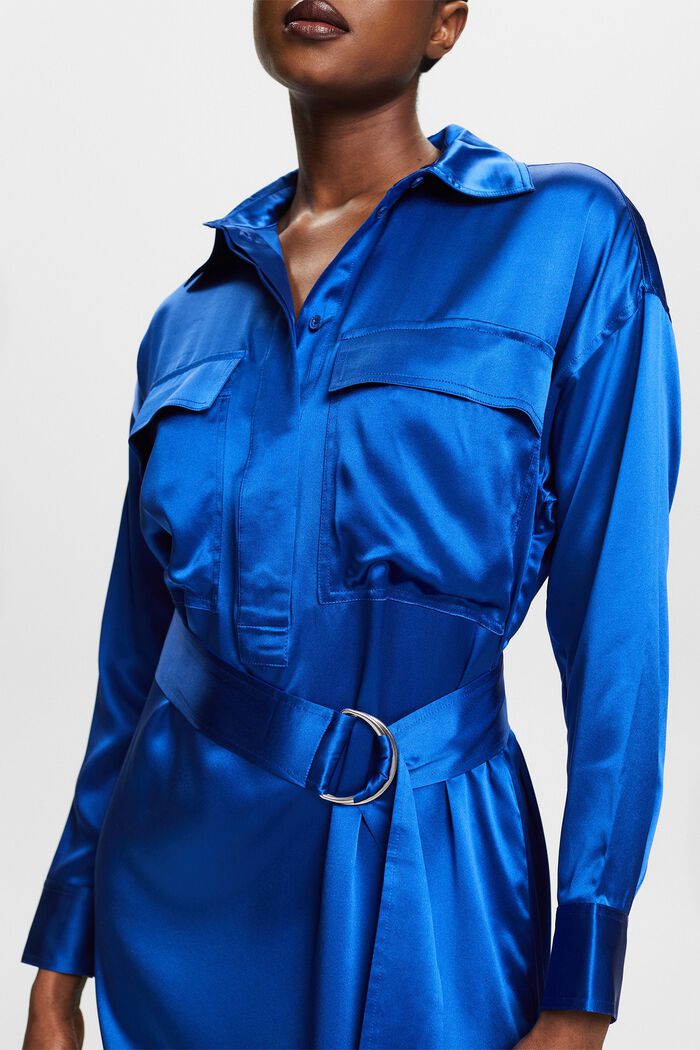 Silk Satin Belted Midi Dress, BRIGHT BLUE, detail image number 3
