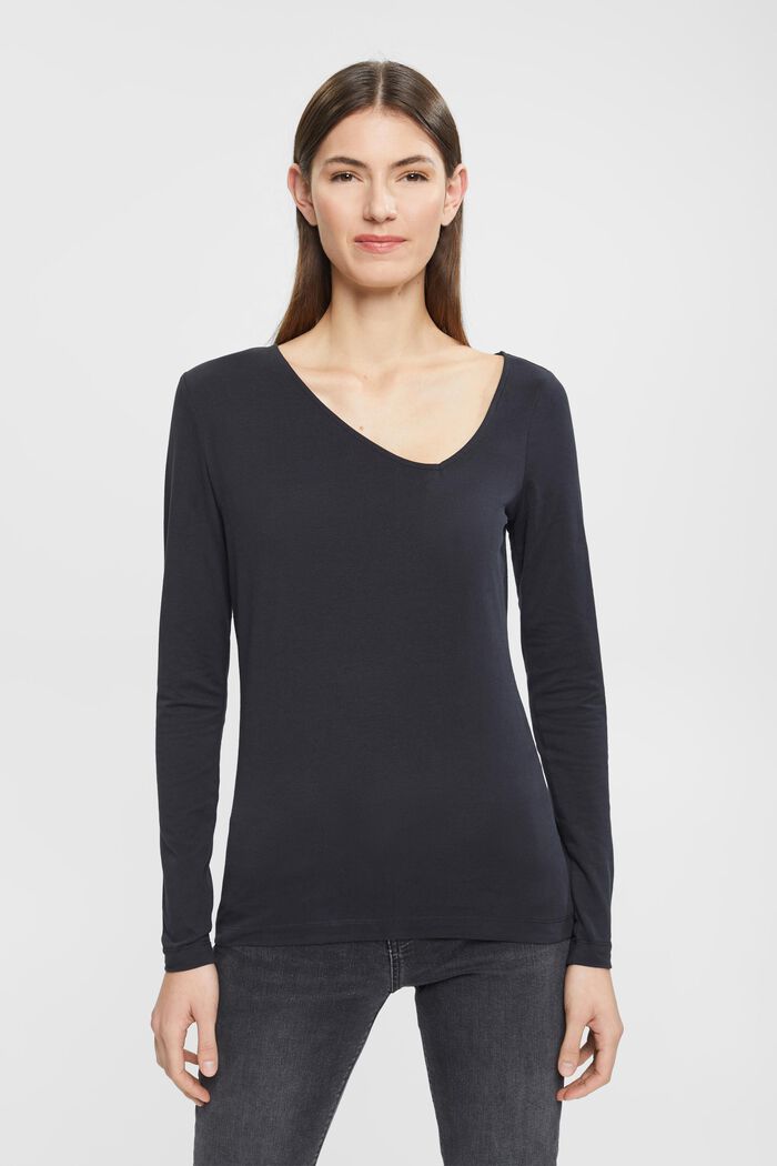Long-sleeved top with asymmetric neckline, BLACK, detail image number 0
