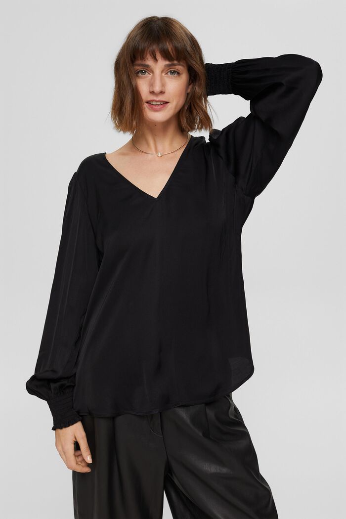 Satin blouse with balloon sleeves, BLACK, detail image number 0