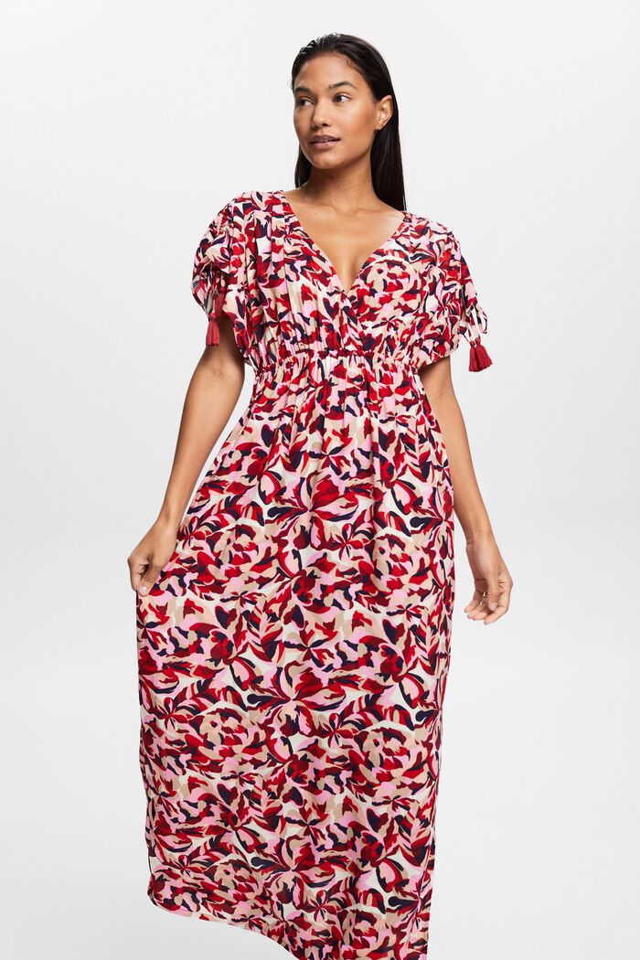 Maxi beach dress with floral pattern, DARK RED, detail image number 0