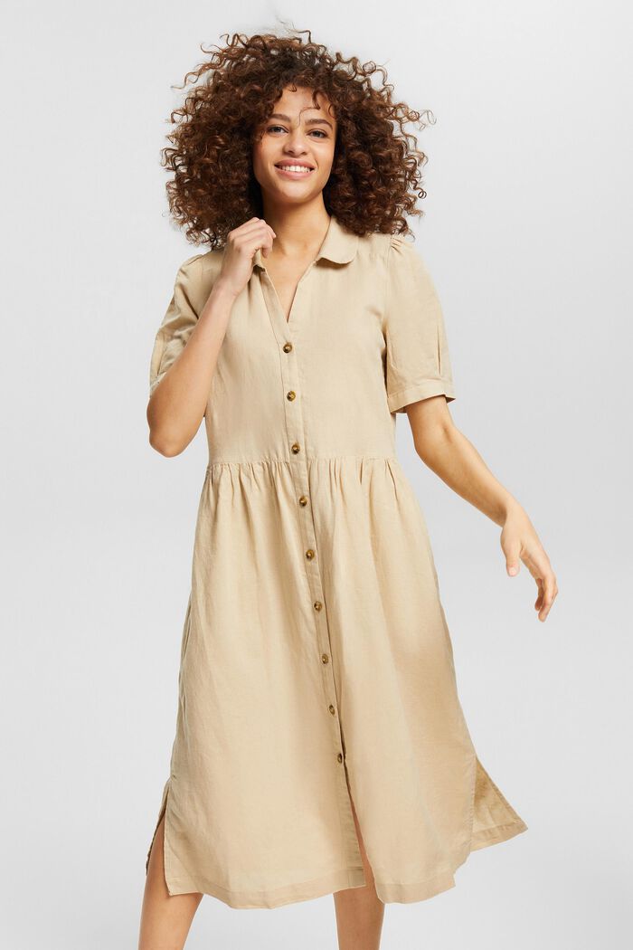 Made of blended linen: midi-length dress, SAND, detail image number 0