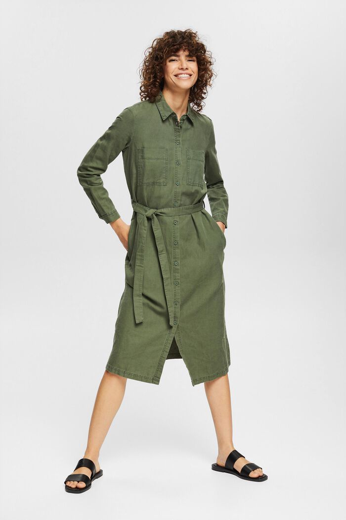 Made of blended linen: shirt dress with a belt, GREEN, detail image number 6