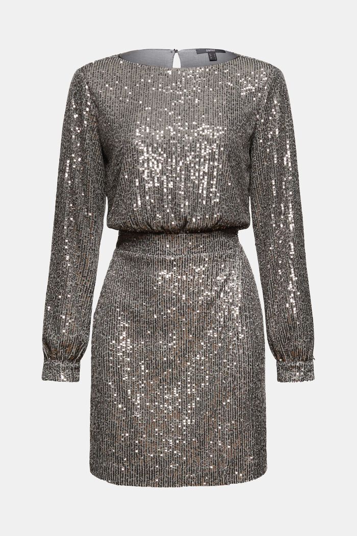 Sequinned dress with long sleeve slits, GUNMETAL, overview